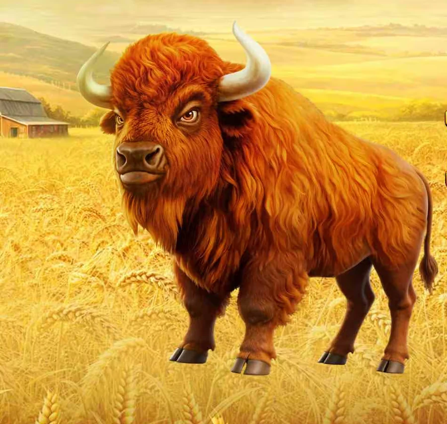 Buffalo King key art: a bison standing in a sunlit wheat field with a barn and rolling hills behind it