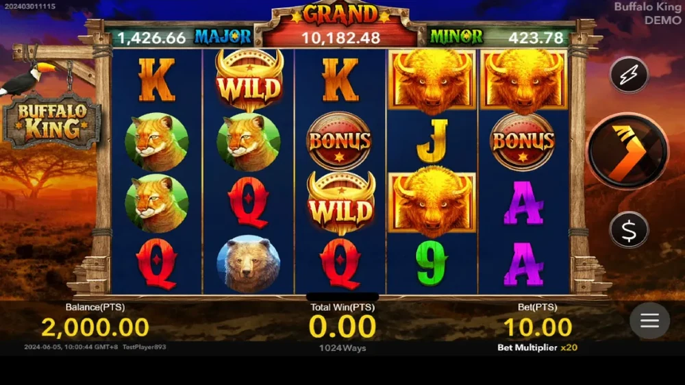 Buffalo King gameplay: the six-reel, four-row grid with buffalo, eagle, cougar and wolf symbols above the bet and spin controls